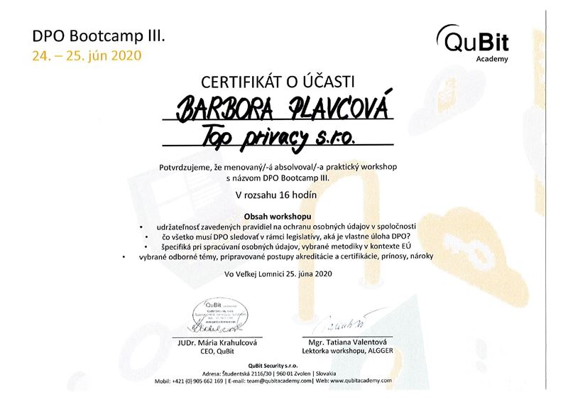 2020 DPO Bootcamp III. QuBit Academy certificate Barbora Plavcová